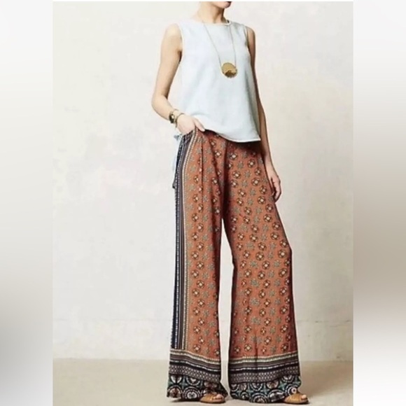 Anthropologie Elevenses Wide Leg Palazzo Bohemian Print Blue Orange Pants Size 4 - Picture 3 of 9